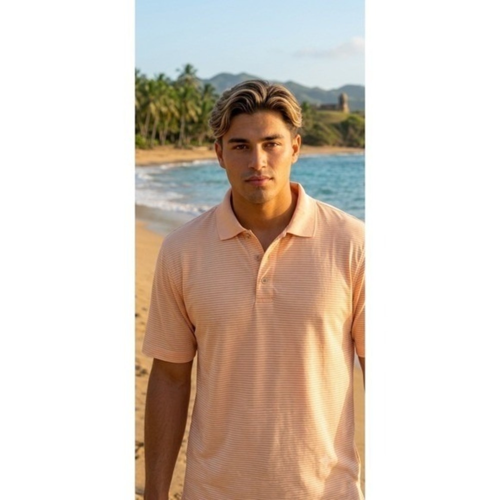 Tommy Bahama Men XL Peach White Striped Modal Blend Short Sleeve Polo Shirt golf